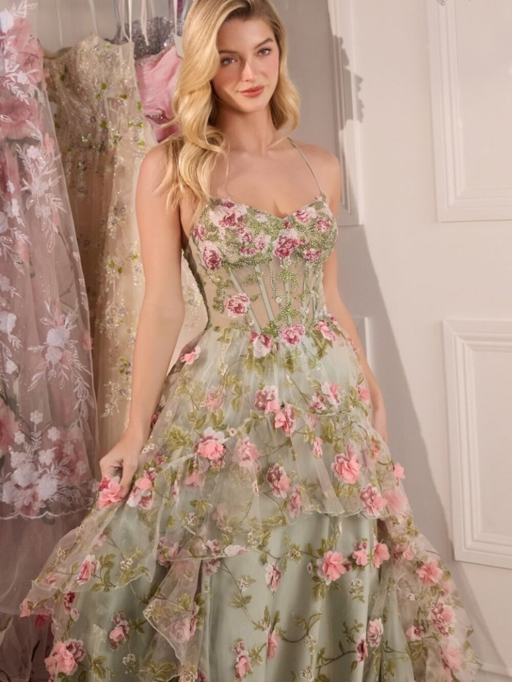 NEW SLEEVELESS A-LINE FLORAL DRESS W/ LACE UP BACK & SWEETHEART NECK CD A1420